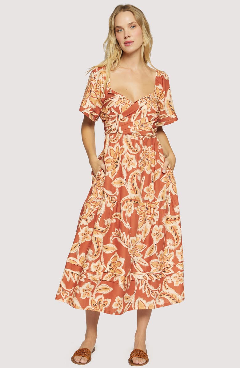Lost + Wander Terra Di Siena Floral Tiered Midi Dress, Alternate, color, Brown-Multi