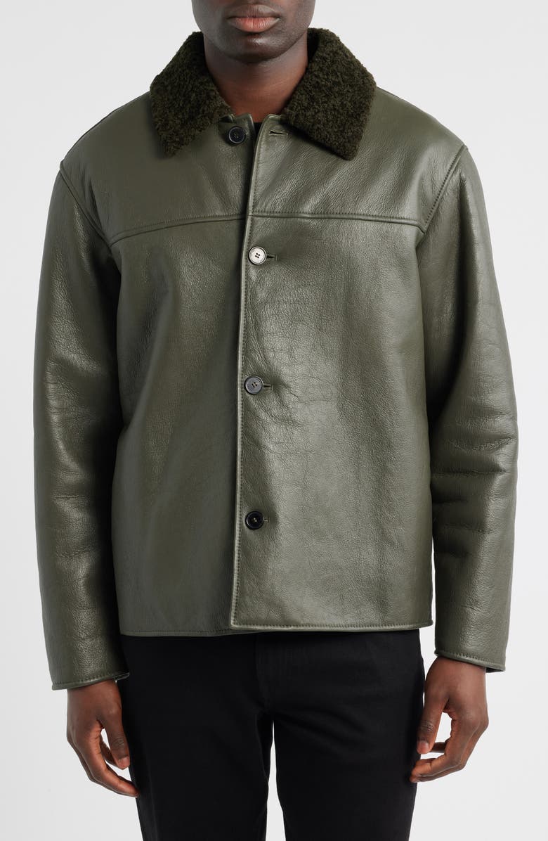 FRAME Leather Barn Jacket with Genuine Shearling Collar, Alternate, color, Dark Olive