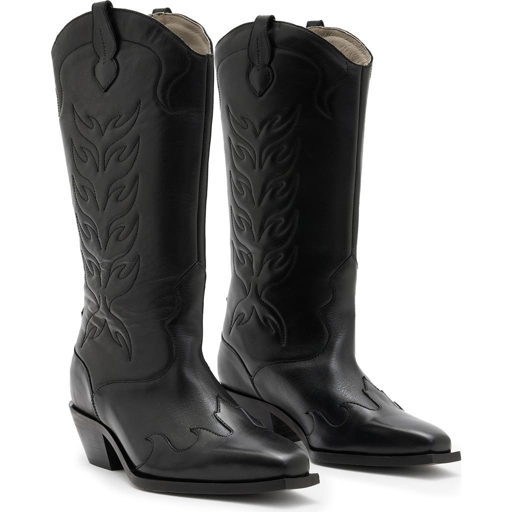 Allsaints Womens Black Dolly Embroidered-stitch Leather Western Boots In Black