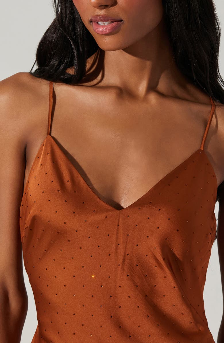 ASTR the Label Bonney Rhinestone Embelished Satin Maxi Dress, Alternate, color, Copper