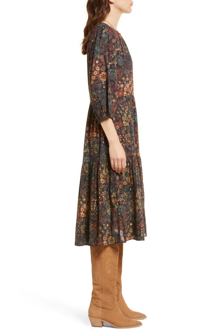 Floral Print Tiered Cotton Gauze Dress, Alternate, color, NAVY KALEIDOSCOPE GARDEN