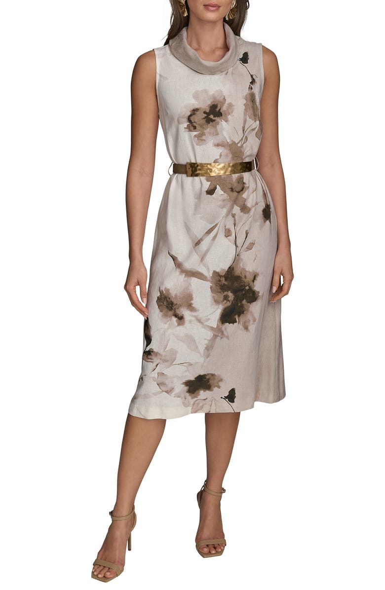 Donna Karan New York Floral Sleeveless Linen Blend Sheath Dress, Main, color, Cobblstone