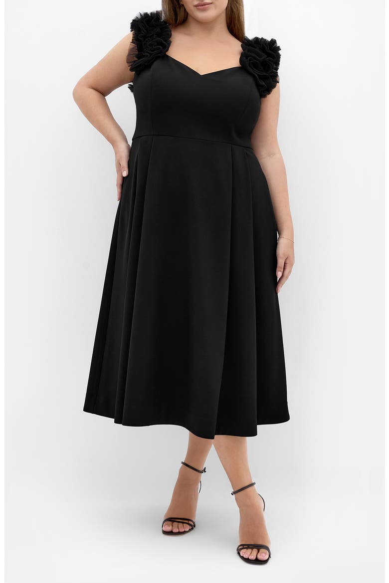 Roselyn Tulle Detail Midi Dress, Main, color, BLACK