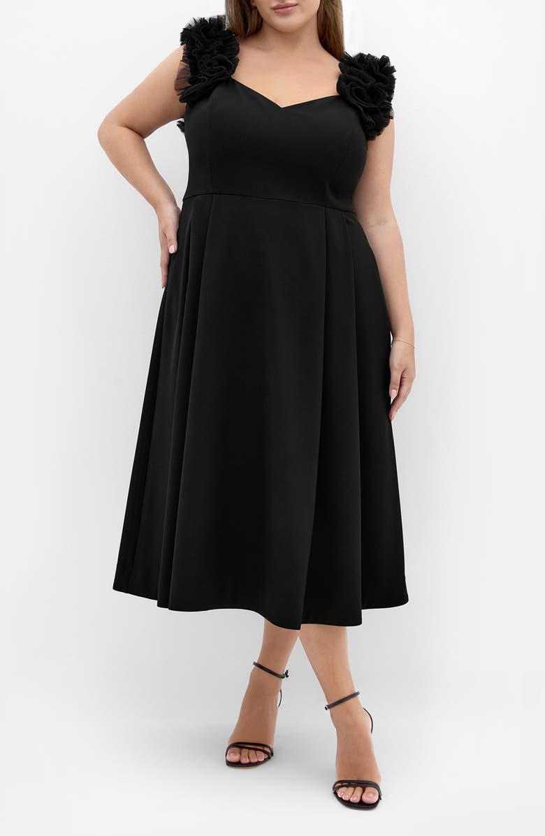 City Chic Roselyn Tulle Detail Midi Dress, Main, color, Black