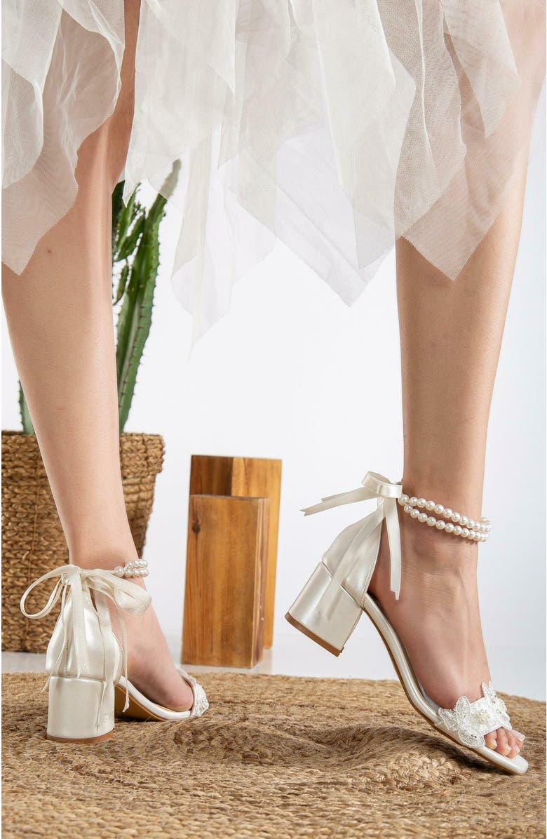 Forever & Always Shoes Amber Lace Sandals with Pearls, Alternate, color, Ivory Faux Leather