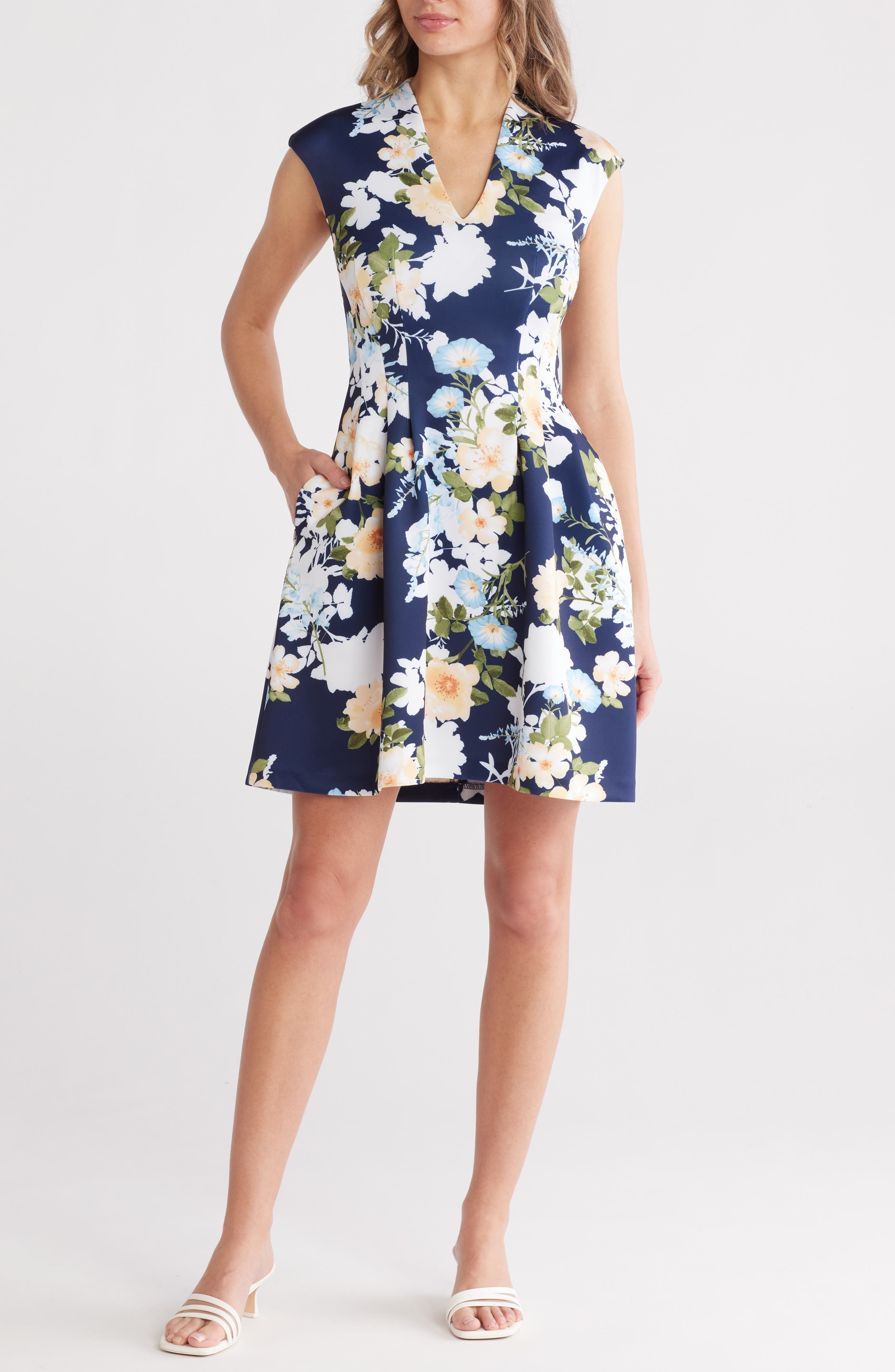 Vince Camuto Floral Cap Sleeve Fit & Flare Dress
