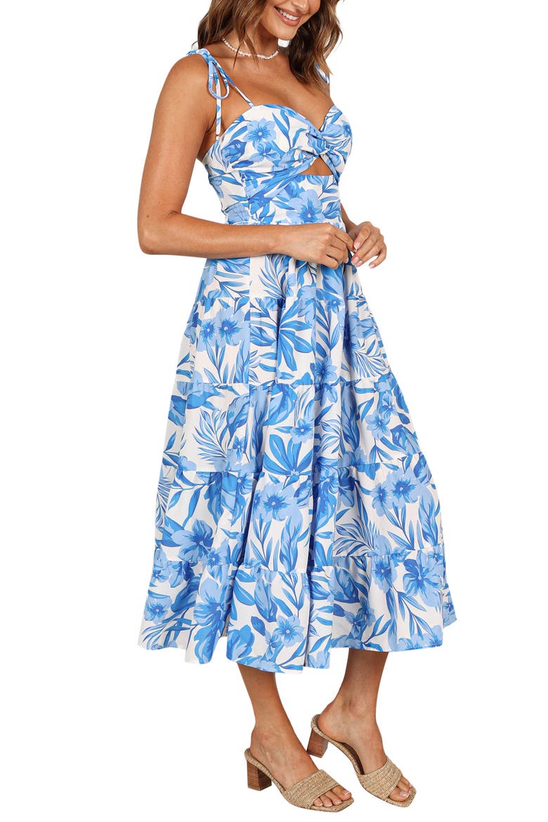 Rose Floral Tie Strap Tiered Midi Dress, Alternate, color, BLUE/ WHITE
