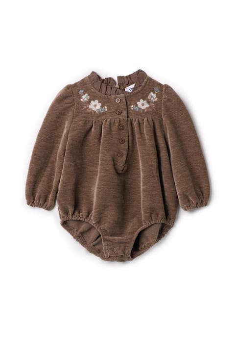 Girl Velvet Floral Embroidered Ruffle Neck Romper