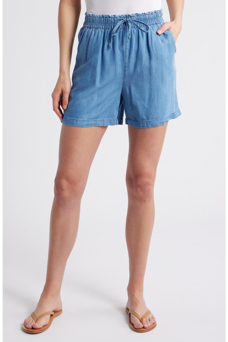 Tiney Tie Waist Chambray Shorts, Main, color, BLUE WASH
