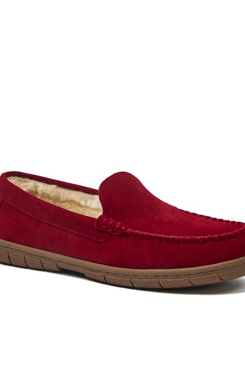 Fuzzy Lined Suede Moccasin Slippers