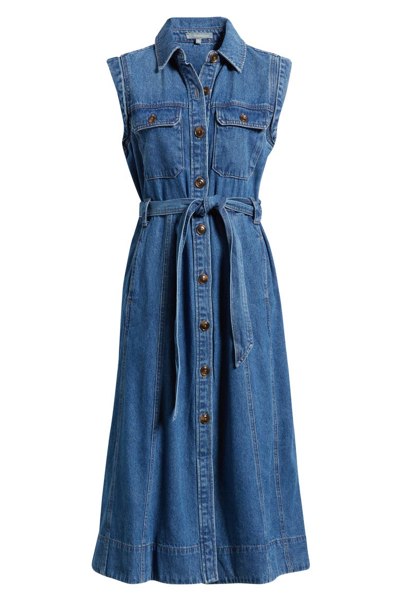 Sleeveless Tie Belt Denim Shirtdress, Alternate, color, MID BLUE