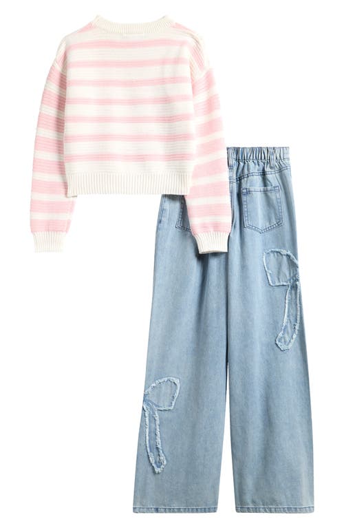 Tween Diva Kids' Stripe Sweater & Wide Leg Jeans Set In Pink
