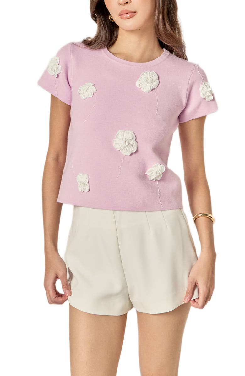 English Factory Floral Ebellished Short Sleeve Knit Top, Alternate, color, Lilac/ White