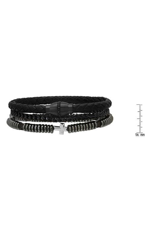 Hmy Jewelry Black Stainless Steel, Leather & Hematite Beaded Bracelets