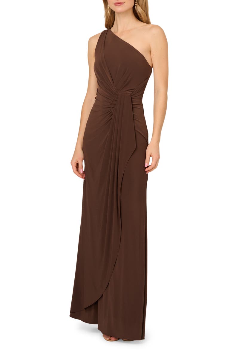 One-Shoulder Jersey Gown, Main, color, CHOCOLATE