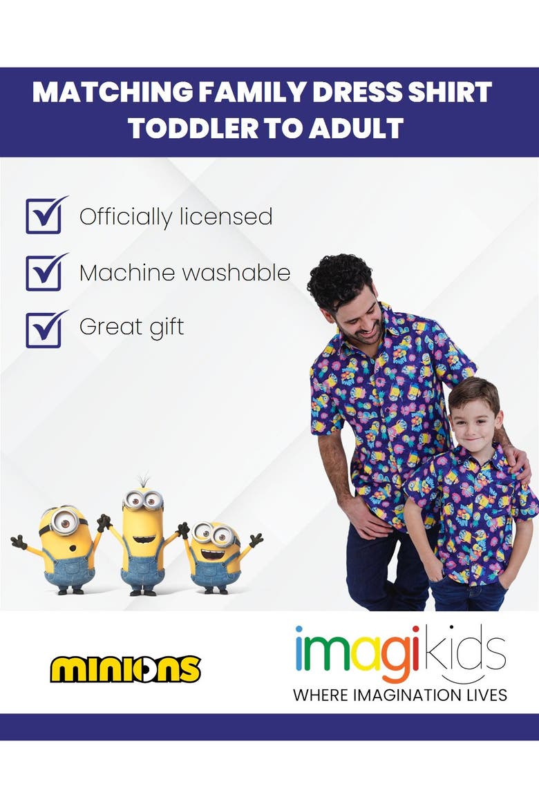 Minions Hawaiian Short Sleeve Button Down Shirt, Alternate, color, Navy Tropical Leaf