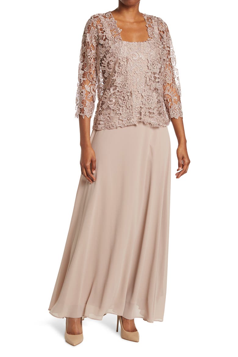 2-Piece Lace Jacket & Gown, Main, color, TAUPE