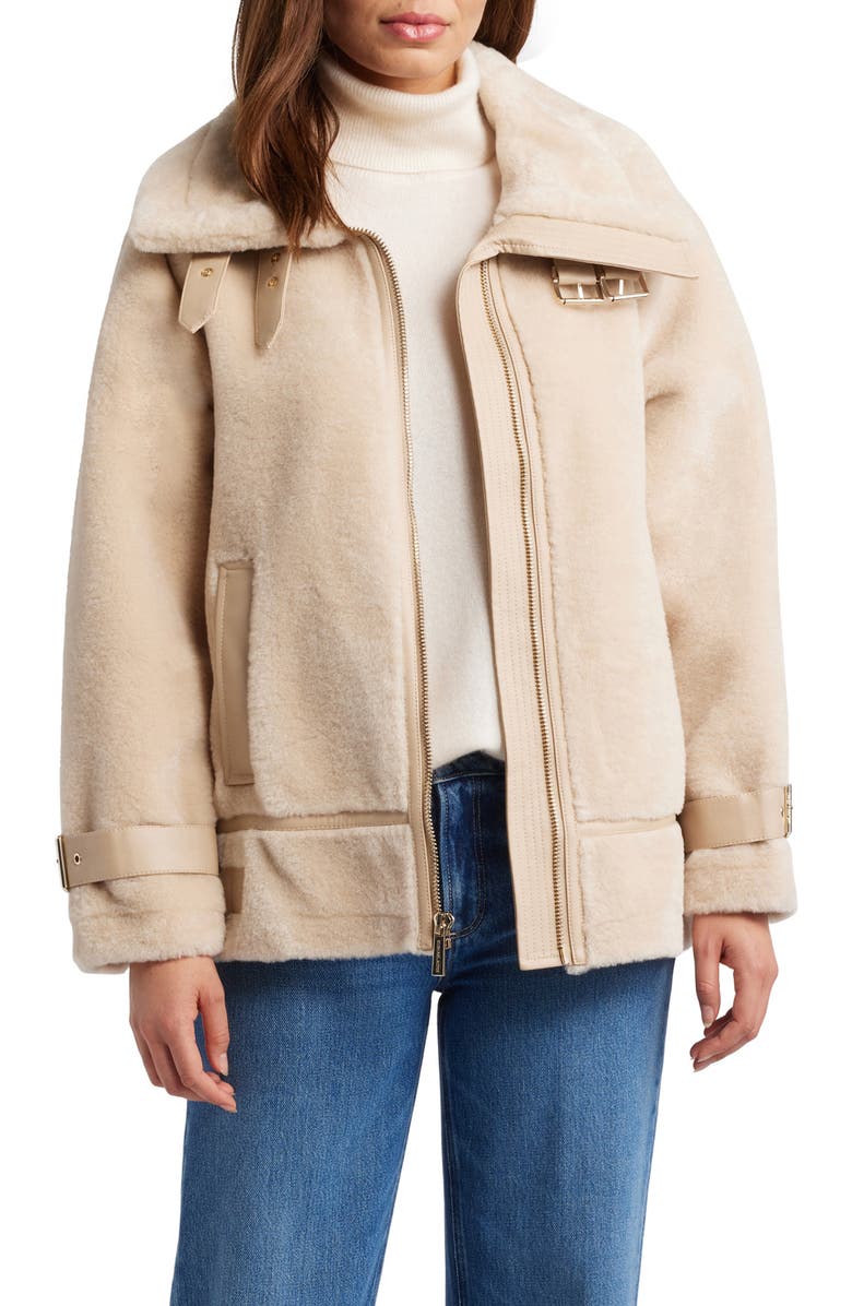Michael Kors Faux Shearling Moto Jacket, Alternate, color,