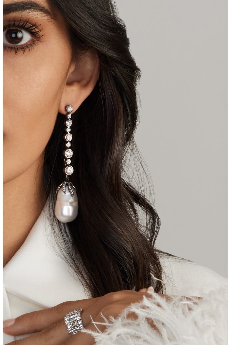 Freshwater Pearl & Diamond Claw Drop Earrings, Alternate, color, 18K DARK RHODIUM