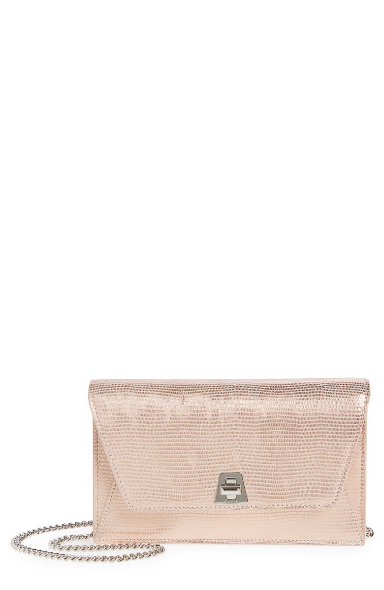 Akris Anouk Lizard Embossed Wallet on a Chain, Main, color, Pale Rose Metallic