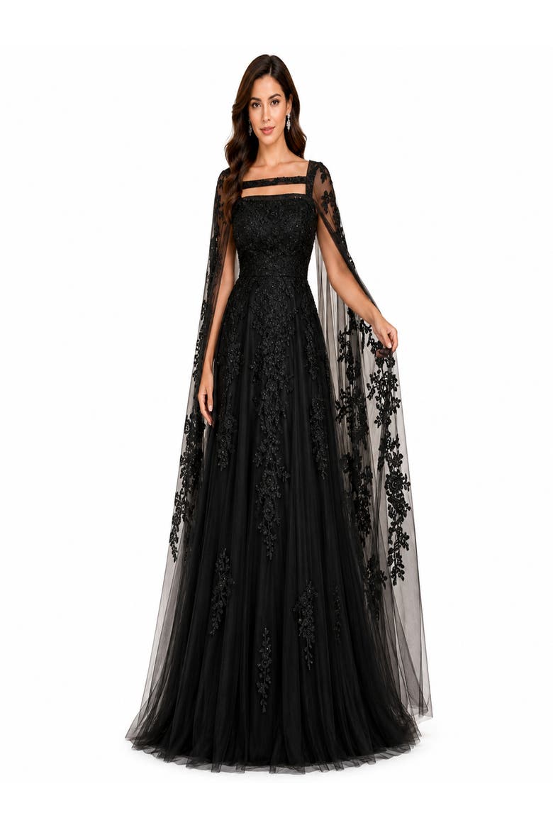 Lace Embroidered Gown with Long Cape Sleeves, Alternate, color, Black