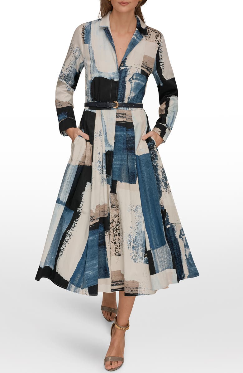 Donna Karan New York Print Pleated Long Sleeve Midi Dress, Main, color, Wshd Indigo/ Cream