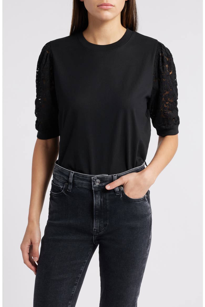 Frankie Lace Sleeve Organic Cotton Top, Main, color, BLACK