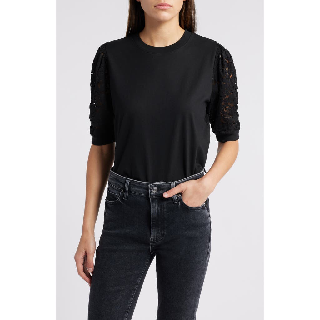 Shop Frame Frankie Lace Sleeve Organic Cotton Top In Black