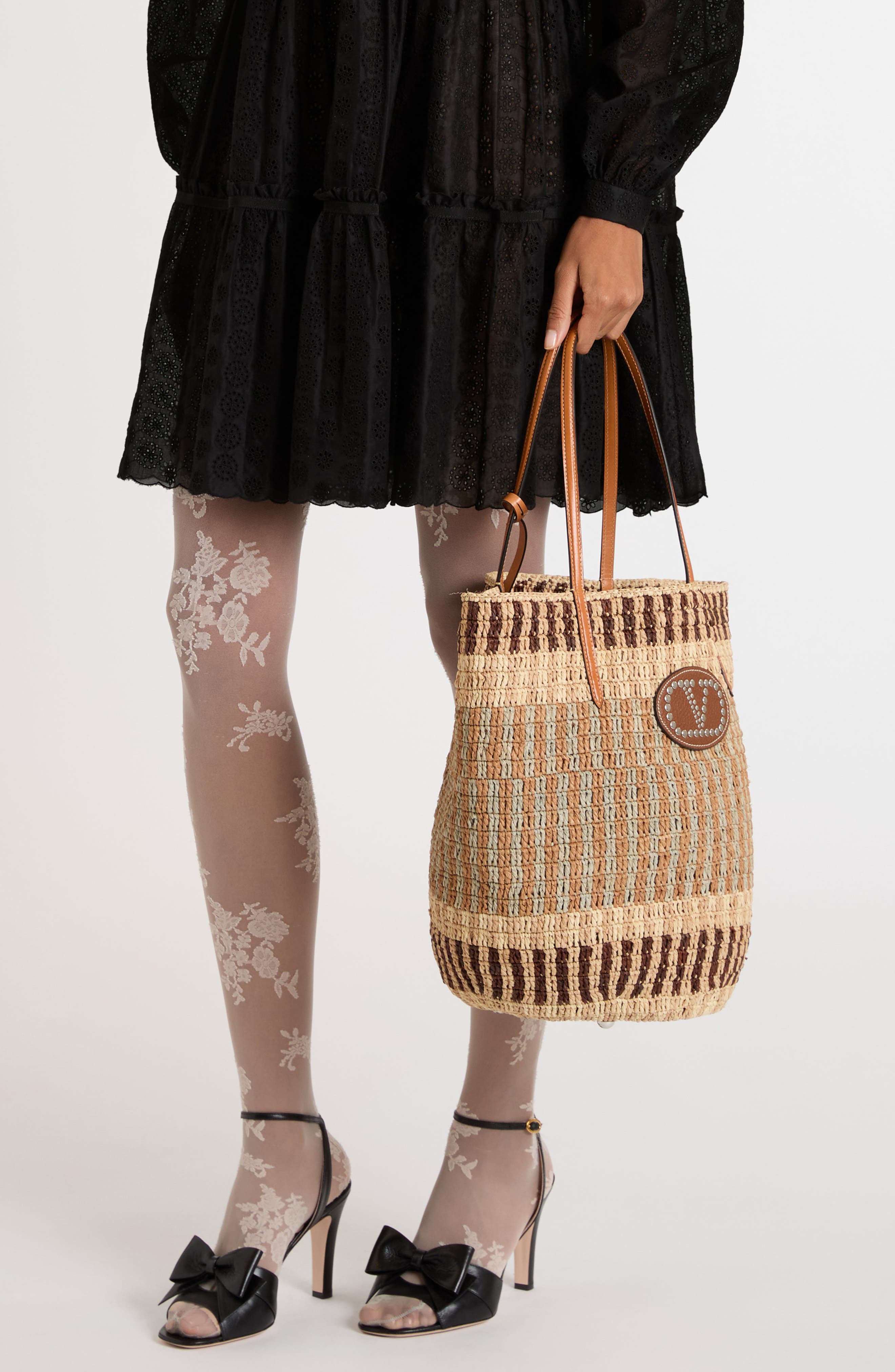 Valentino Garavani VLOGO Crochet Raffia Basket Tote, Alternate, color, 