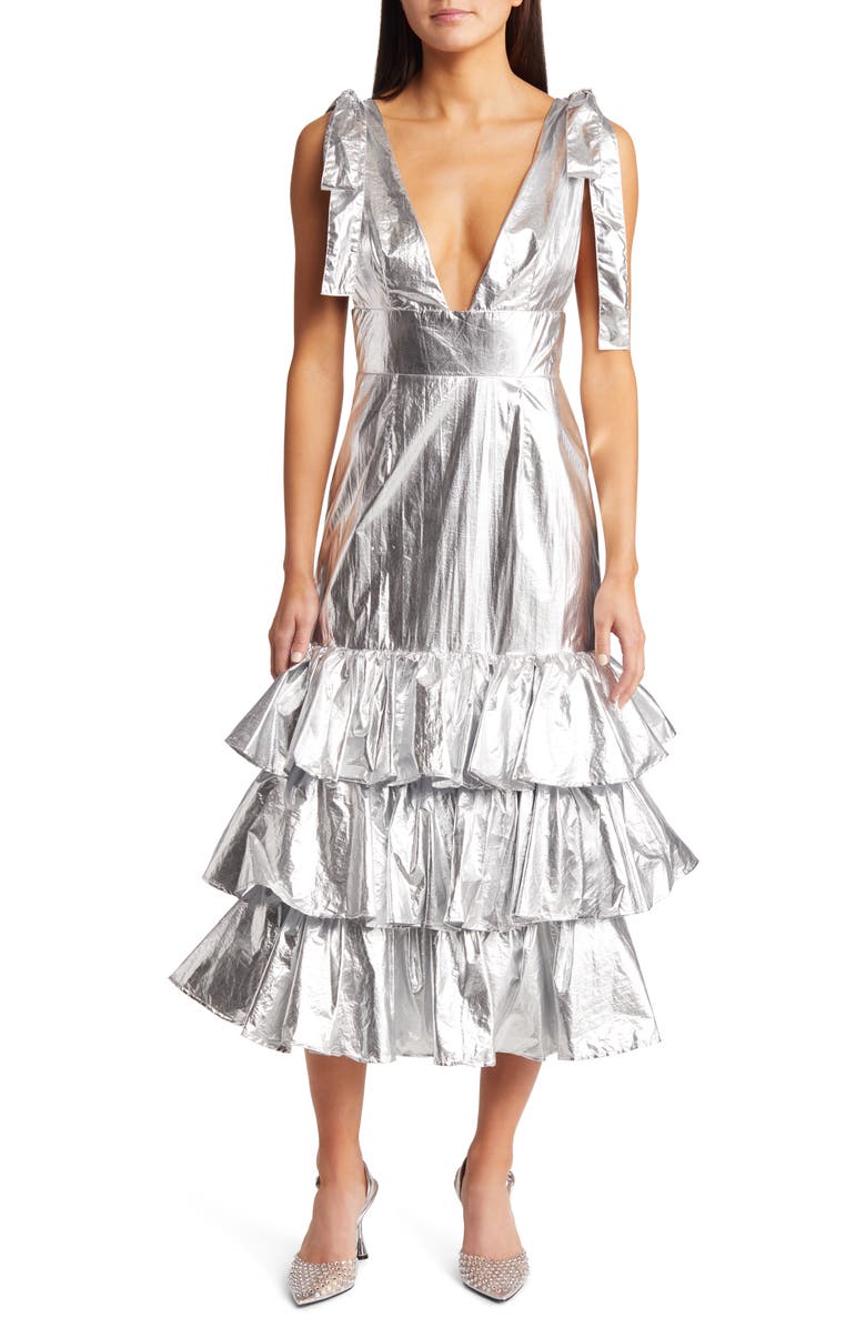 Amy Lynn Plunge Neck Tie Strap Metallic Tiered Dress, Main, color, 