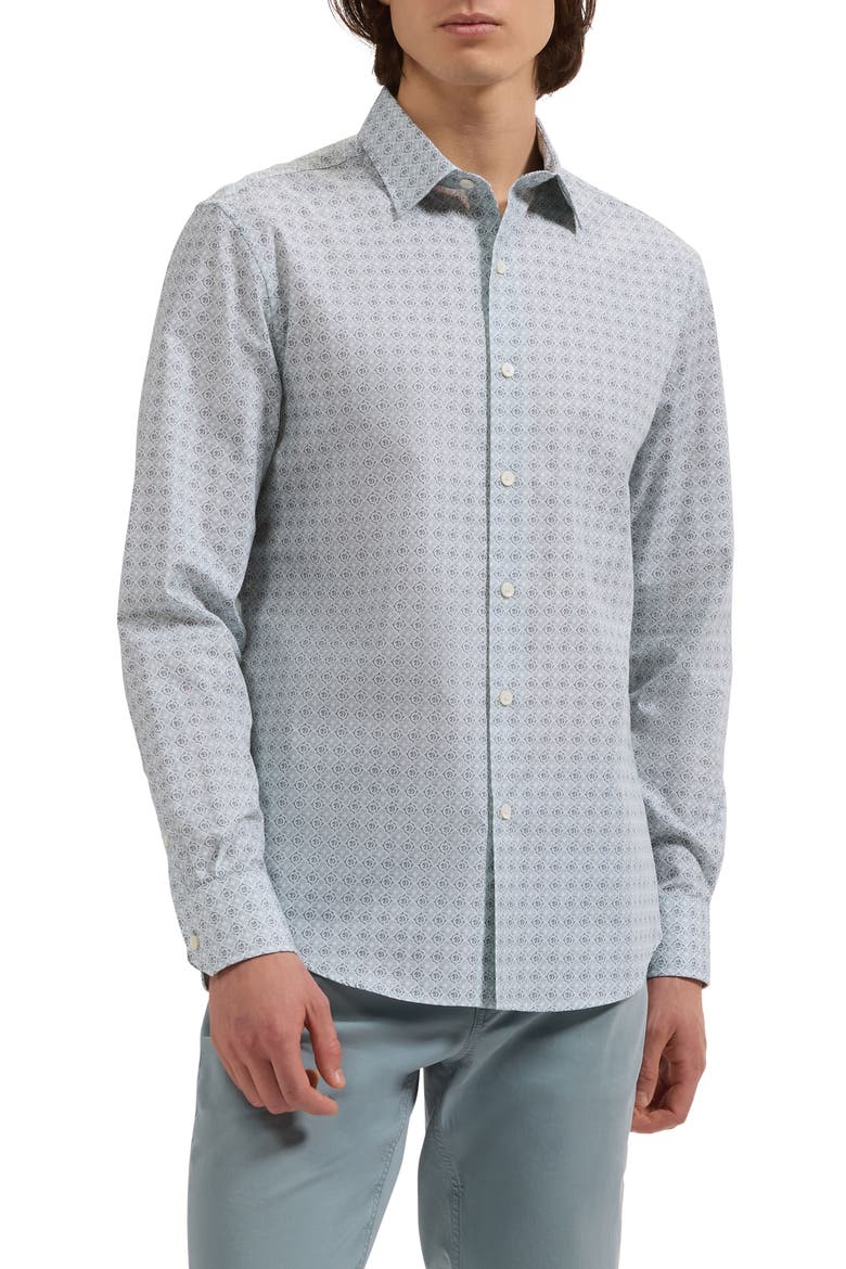 Julian Shaped Fit Quatrefoil Print Stretch Cotton Button-Up Shirt, Main, color, SEAFOAM