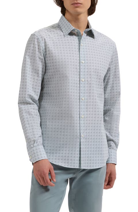 Julian Shaped Fit Quatrefoil Print Stretch Cotton Button-Up Shirt