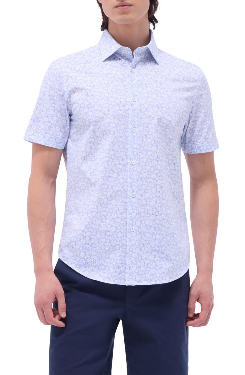 Bugatchi Miles OoohCotton<sup>®</sup> Pinstripe Short Sleeve Button-Up Shirt, Main, color, Classic Blue