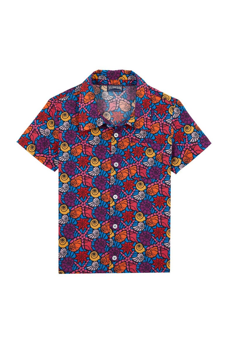 Kids' Sea Shells Cotton Bowling Shirt Noumea, Alternate, color, BLEU MARINE