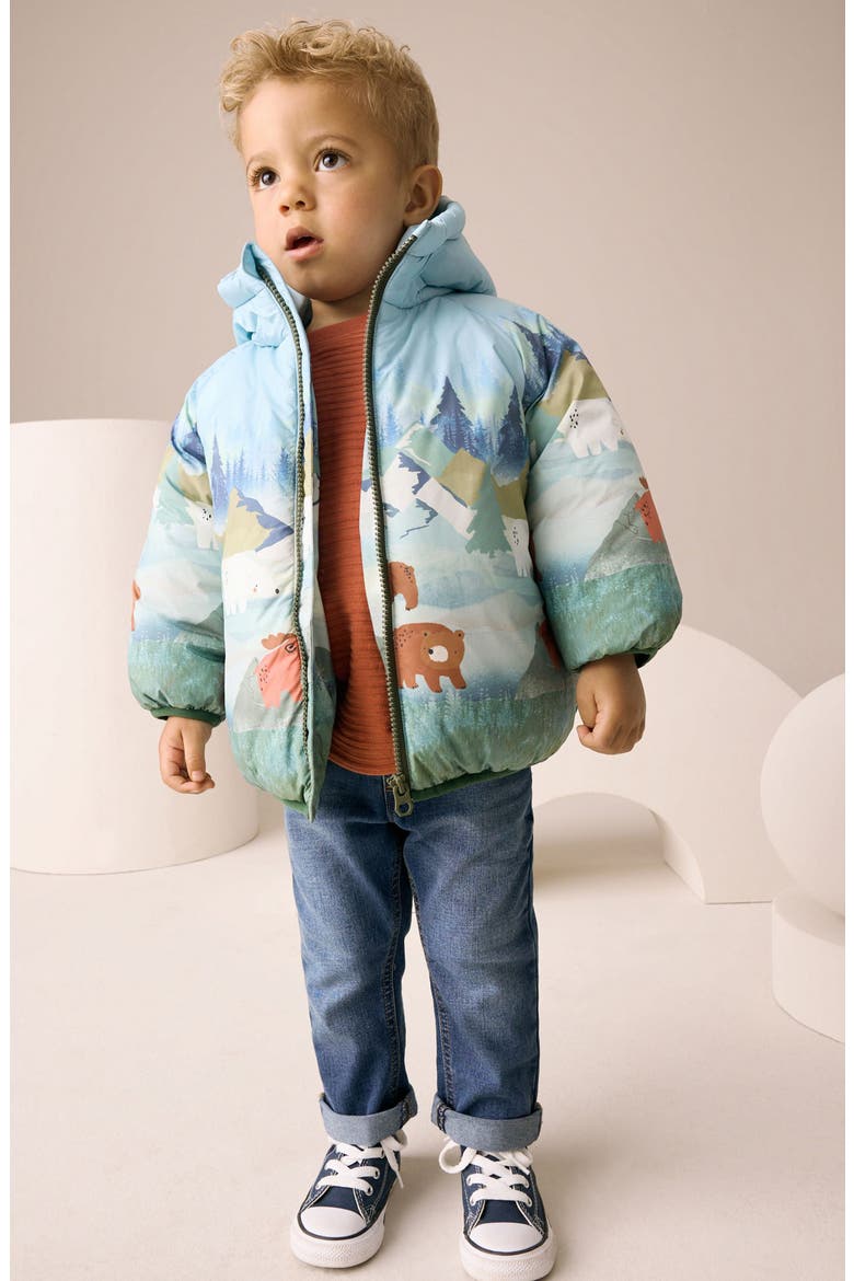 Kids' Mountain Scene Hooded Puffer Coat, Alternate, color, GREEN