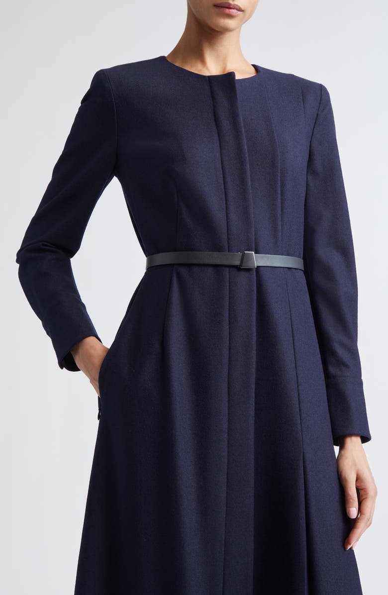 Akris Belted Long Sleeve Wool Flannel Dress, Alternate, color, Navy