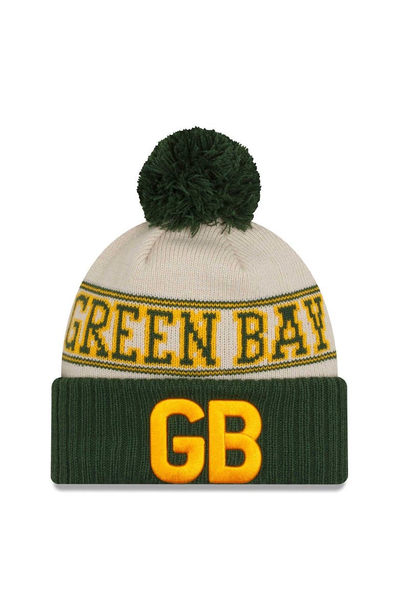 New Era Men's New Era  Cream/Green Green Bay Packers 2023 Sideline Historic Pom Cuffed Knit Hat, Main, color, 