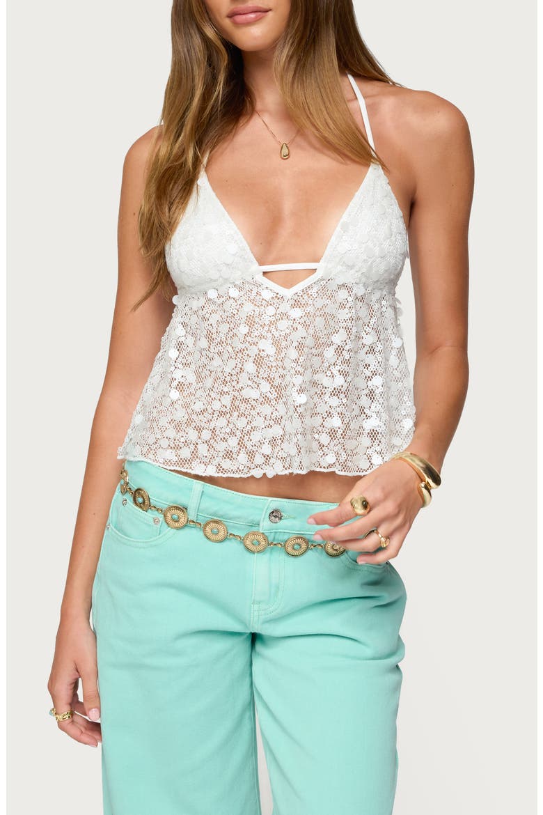 Meela Sequin Beaded Open Back Halter Top, Main, color, WHITE