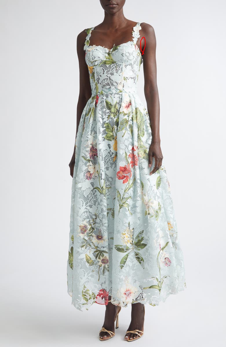 Oscar de la Renta Dominican Floral Print Guipure Lace Bustier Cocktail Dress, Main, color, Saltwater Multi