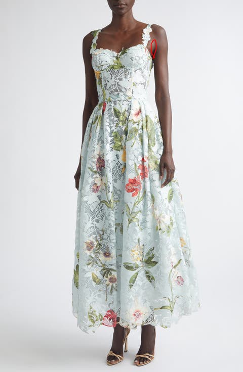 Dominican Floral Print Guipure Lace Bustier Cocktail Dress