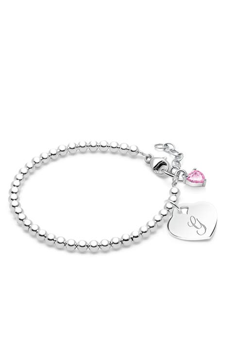 Sterling Silver 3mm Beads & Engraved Initial 5.25" Bracelet