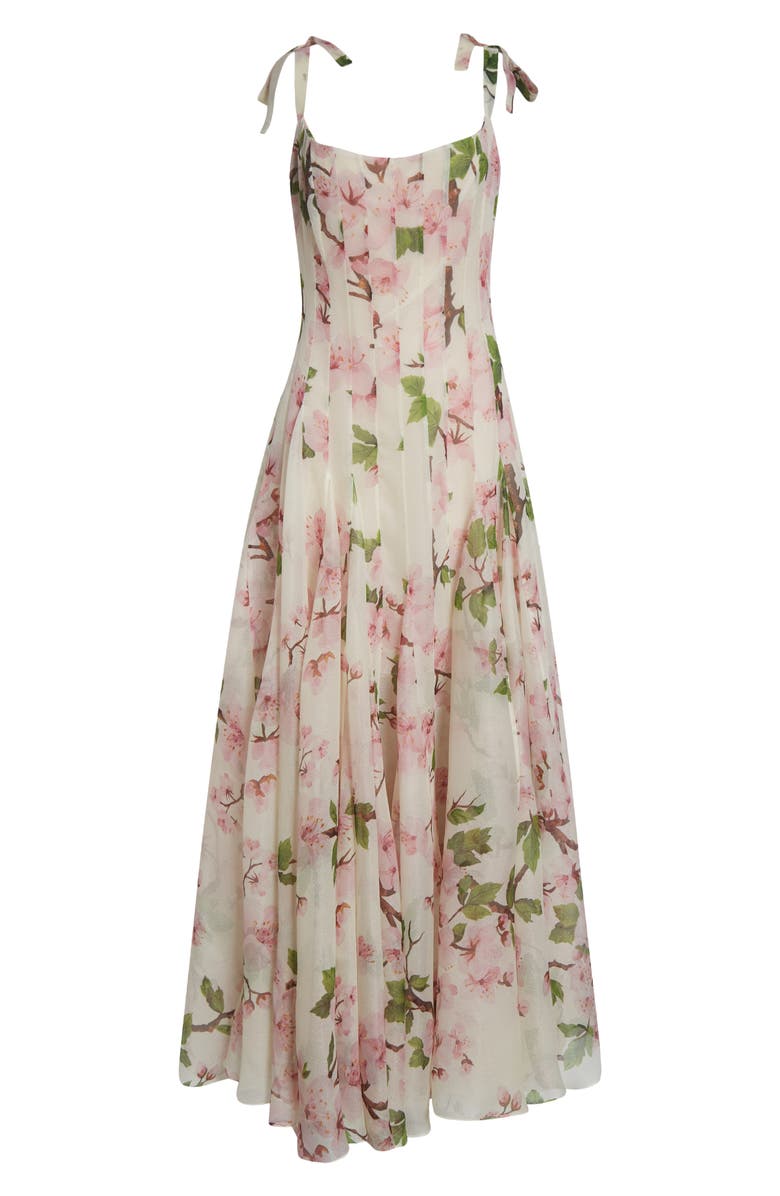 Oscar de la Renta Cherry Blossom Print Pleated Organza, Alternate, color, Pink/ Ivory