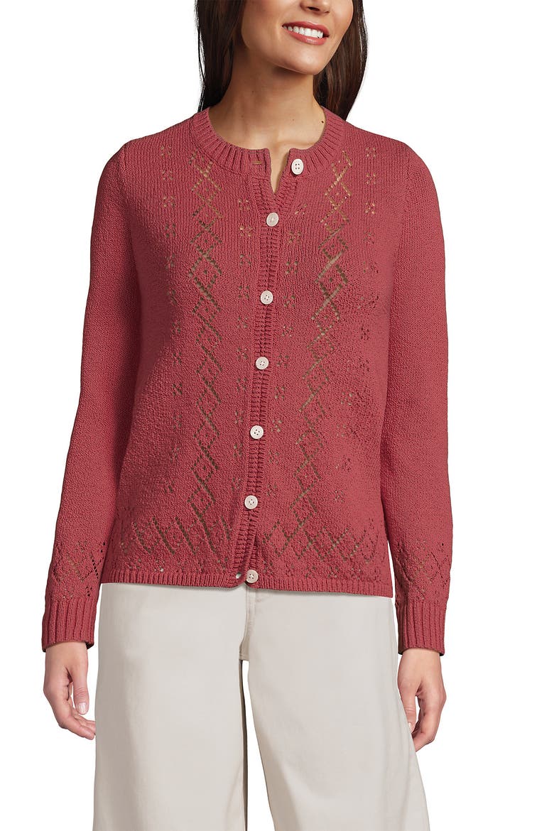 Pointelle Crew Neck Cardigan Sweater, Main, color, Soft Mojave Rose