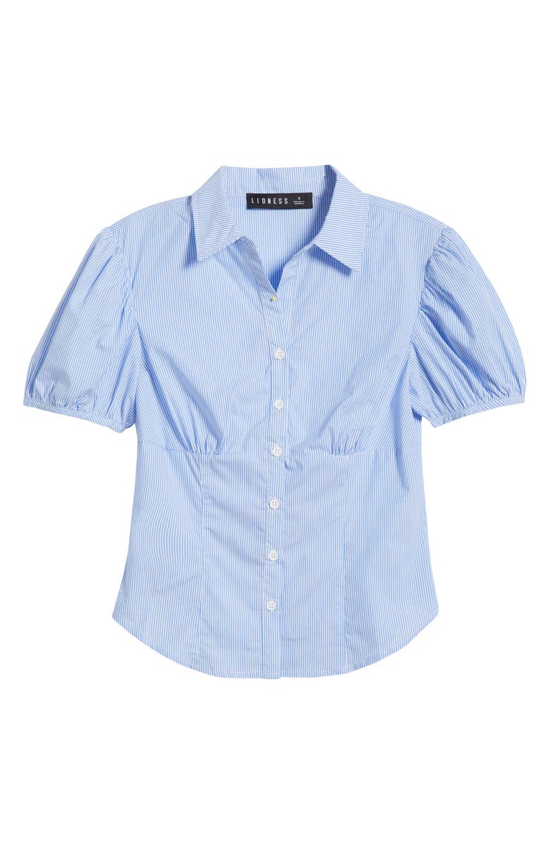 LIONESS Mon Cheri Puff Sleeve Cotton Button-Up Shirt, Alternate, color, Blue Stripe
