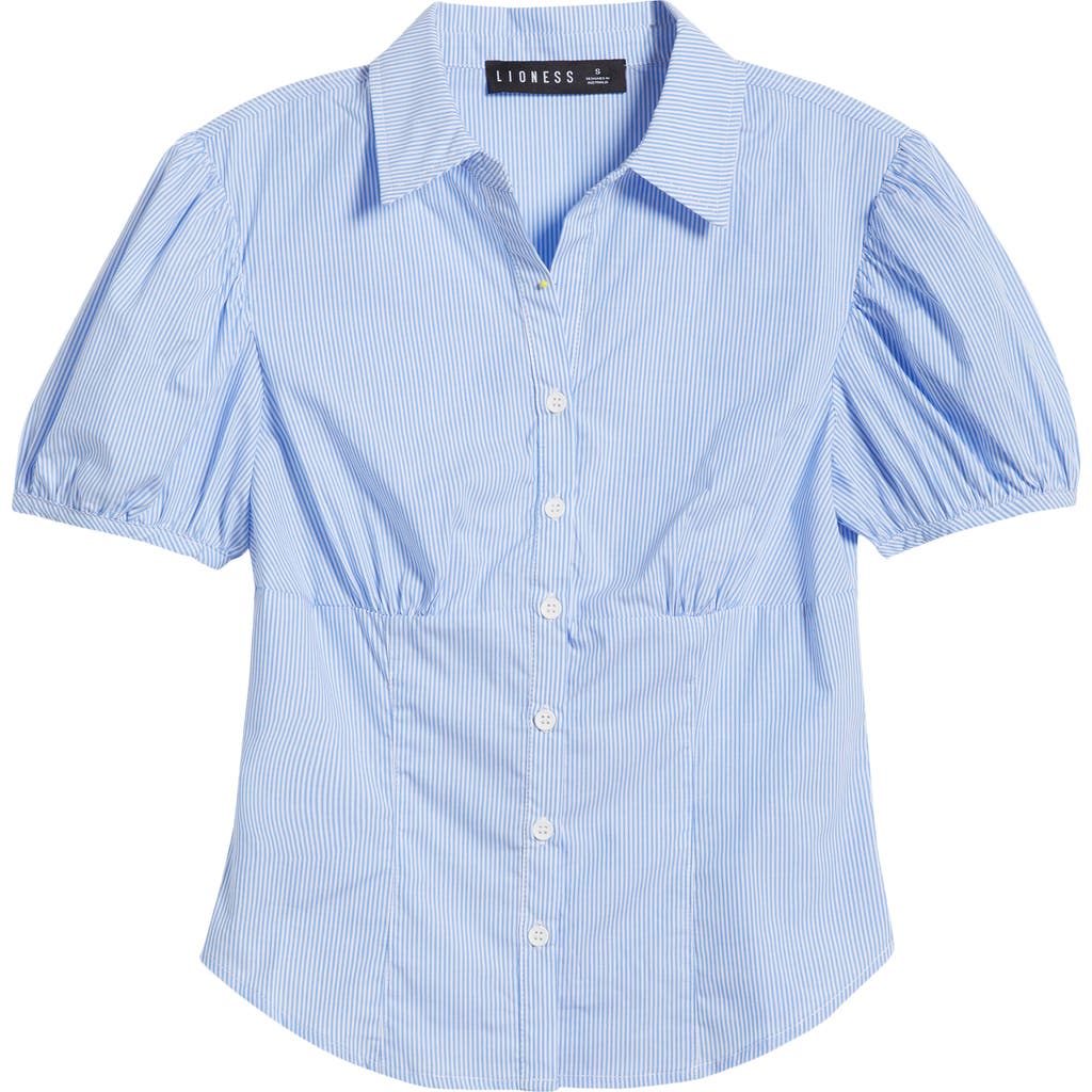 Lioness Mon Cheri Puff Sleeve Cotton Button-up Shirt In Blue