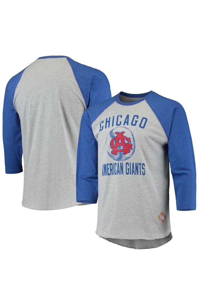 STITCHES Men's Stitches Heathered Gray/Royal Chicago American Giants Negro League Wordmark Raglan 3/4-Sleeve T-Shirt, Main, color, Heather Gray