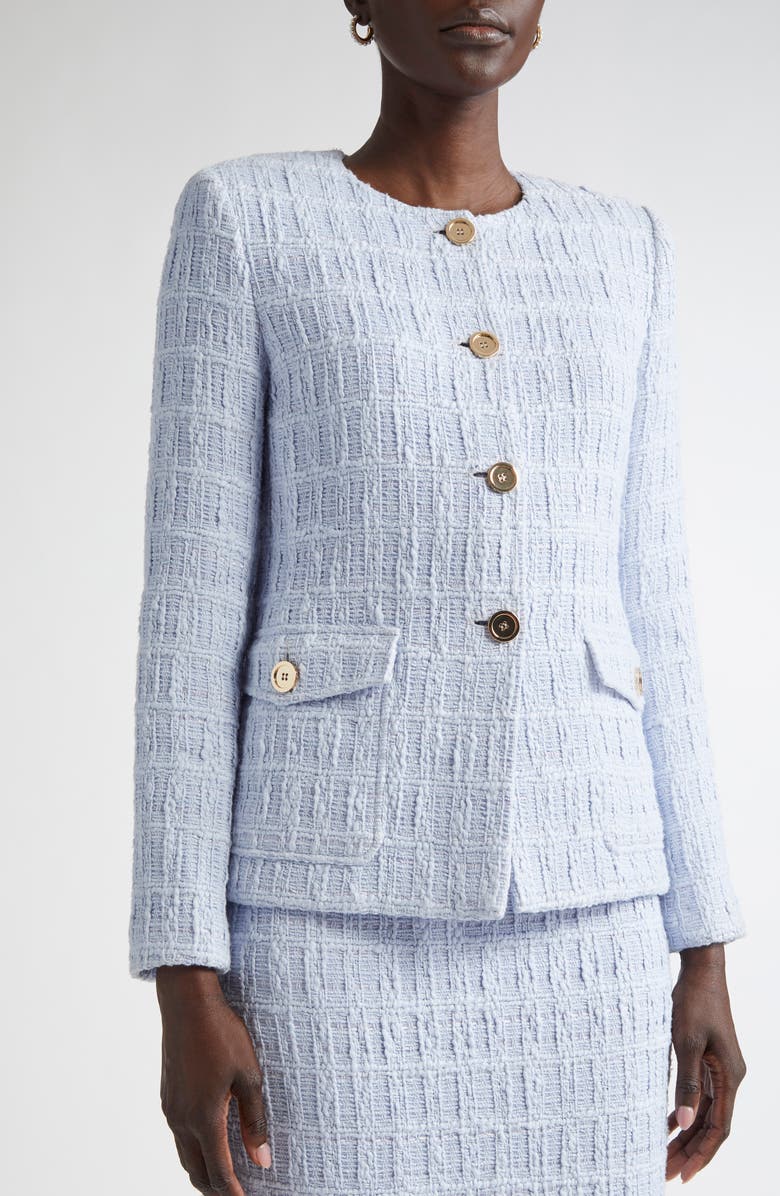 ST. JOHN Plaid Textured Cotton Blend Tweed Jacket, Alternate, color, Blue Lagoon