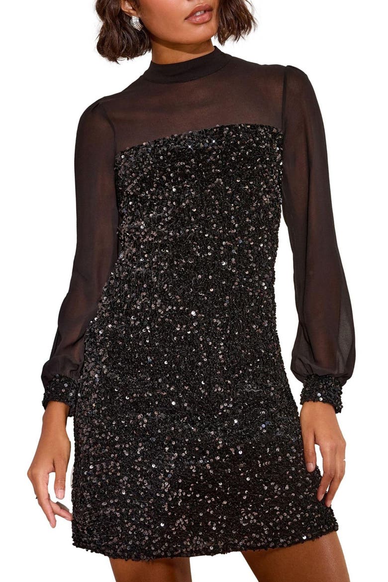 Long Sleeve Sequin & Chiffon Party Dress, Main, color, BLACK