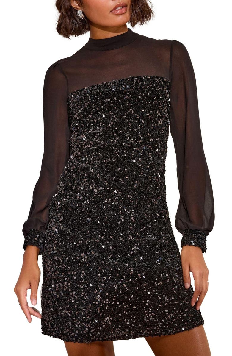 Friends Like These Long Sleeve Sequin & Chiffon Party Dress, Main, color, Black