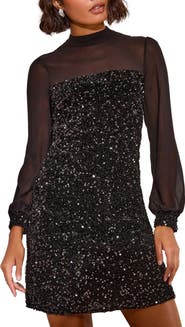 Friends Like These Long Sleeve Sequin & Chiffon Party Dress